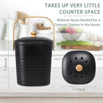 Vipush Compost Bin Kitchen Countertop Compost Bin with lid – Small Compost Bin Made of Sustainable Bamboo Fiber Includes Charcoal Filter, Black