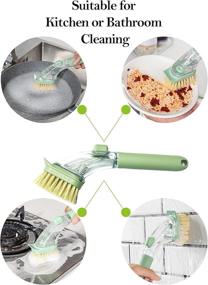 DAJOOEE Dish Brush with Soap Dispenser, Green, Nylon Bristles, Iron and Silicone Handle, 3 Replacement Heads, Kitchen Cleaning Brush