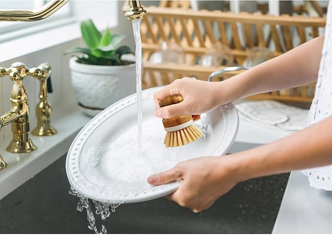 HIC Kitchen Vegetable Scrubber Dishwashing Brush, Bamboo with Non-Scratch Bristles, Set of 2