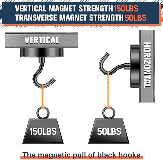 FINDMAG Black Magnetic Hooks for Classroom, 150lbs Magnetic Hooks for Hanging, Cruise Ship Magnets, Strong Magnets Heavy Duty, Locker Decorations, Fridge Decor, Office Supplies, 10 Pack
