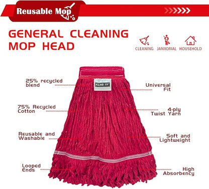 Heavy Duty Commercial String Mop Heads, 3 Pack Cotton Red Mop Head Replacement, Machine Washable Industrial Mop Head Refills for Janitorial, Restaurant, Warehouse & Office Floor Cleaning