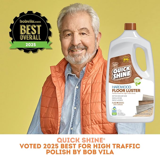 Quick Shine Hardwood Floor Luster-Polish 64oz-2pk Plant-Derived w/Carnauba Safer Choice, No PFAS, pH Neutral Ready to Use Formula w/Anti-Slip Technology Simply Squirt & Spread Made in USA