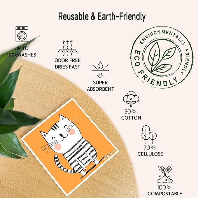 Swedish Dishcloths 6 Pack, Reusable Paper Towels Super Absorbent and Quick Drying for Kitchen, Biodegradable Washable Dish Towels Dishwasher Safe, Premium Cleaning Cloths with Watercolor Design (Cat)