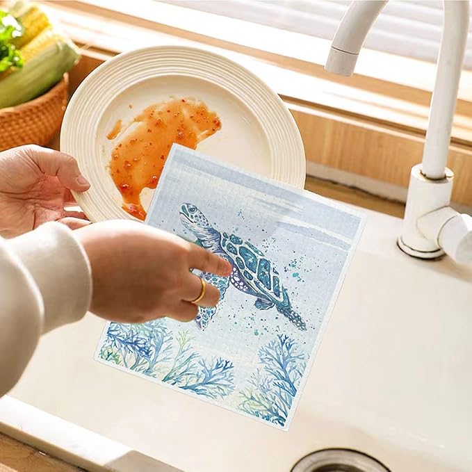 Ocean Beach Swedish Dishcloths for Kitchen, 4 Pack Ocean Summer Gifts Swedish Dish Cloths Towels for Kitchen Bathroom Office Housewarming Gifts, Papaya Reusable Paper Towels Washable