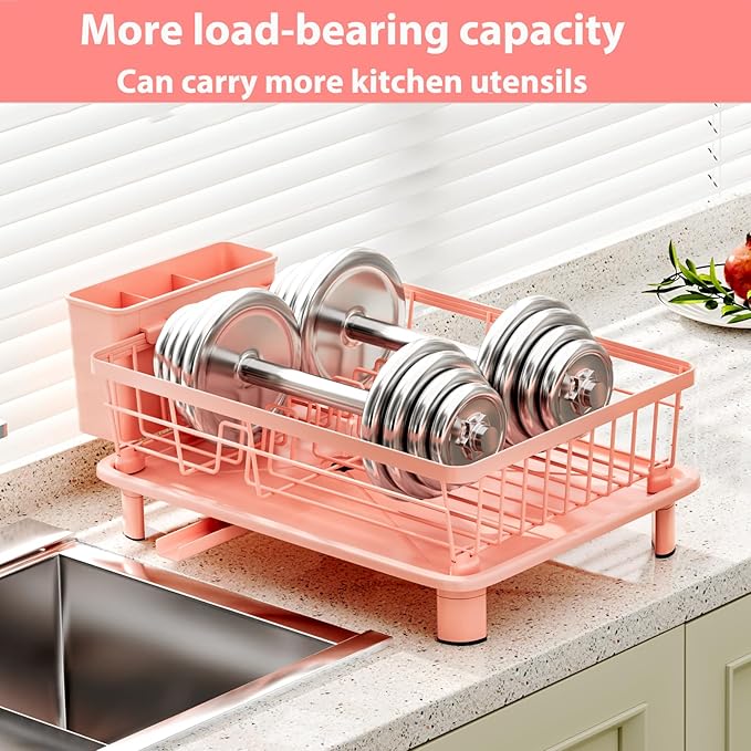 Cute Pink Dish Drying Rack with Drainboard,Dish Racks for Kitchen Counter Organization (with 4 Hooks)