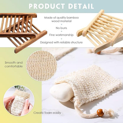 Soap Exfoliating Bag Holder Set Included Bathroom Wooden Soap Dish Pine Wood Soap Holder Tray Natural Bar Soap Pouch Mesh Bath Soap Saver Bag Container (Wood Color, Carbonized Color, 60 Pcs)