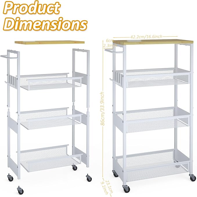 9.1" Wide Slim Rolling Utility Cart, 4 Tier Metal Narrow Storage Cart with Handle and Wood Top, Multifunctional Small Mobile Shelf Unit Organizer Trolley for Laundry, Bathroom, Kitchen