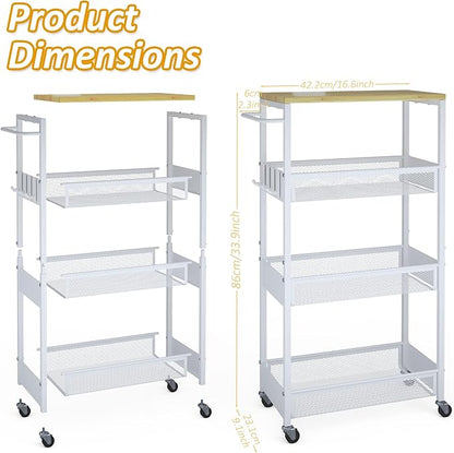 9.1" Wide Slim Rolling Utility Cart, 4 Tier Metal Narrow Storage Cart with Handle and Wood Top, Multifunctional Small Mobile Shelf Unit Organizer Trolley for Laundry, Bathroom, Kitchen