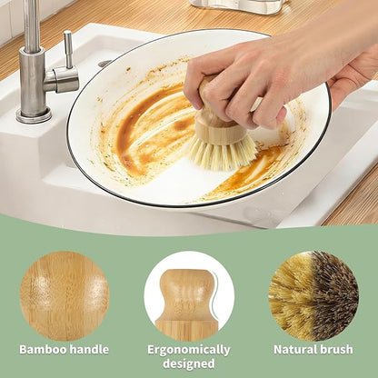 DEBETOOL 6 Pack Bamboo Dish Brush Set with Palm and Sisal Bristles, Natural Dish Scrubber for Fruit & Vegetables Cleaning, Kitchen Scrub Brush for Cast Iron Pots, Pans, Dishes