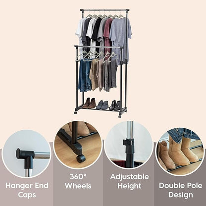 IRIS USA Clothes Rack, Portable Double-Rod Height Adjustable with Lockable Wheels, Rolling Garment Rack, Double Rod Wardrobe Rack, Easy Assemble, for Clothes, Belts, Shoes, and Bags