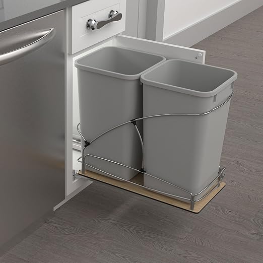 Rev-A-Shelf 27 Qt / 6.75 Gal Steel Bottom Mount Double Pullout Waste Container w/Soft-Close for Base Kitchen Cabinets, Min Opening Width of 11.5", Gray, 54WC-1527SC-17-1