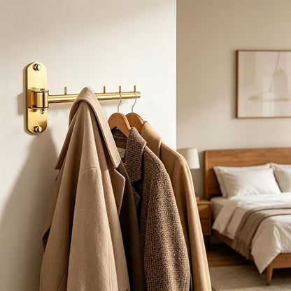 Folding Wall Mounted Clothes Hanger Rack with Swing Arm Stainless Steel Heavy Duty Coat Hook for Bathroom, Bedroom, Laundry Room - Gold