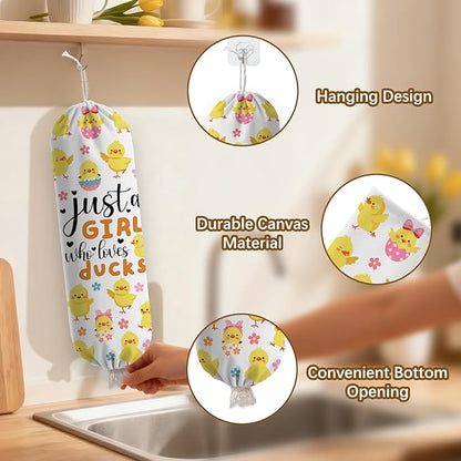 Plastic Bag Holder Dispenser, Duck Plastic Grocery Bag Organizer & Wall Mount Paper Trash Bags Saver Storage for Kitchen Home Pantry Decor Just A Girl Who Loves Ducks Decor