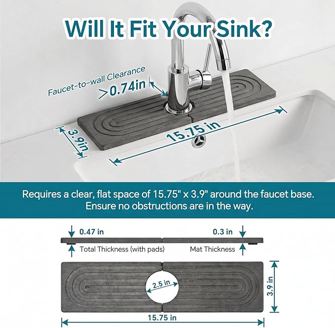 Stone Faucet Mat for Kitchen Sink-Diatomite Drying Stone Mat& Sink Protector,Quick Dry Water Absorbing Stone Tray ,Sink Splash Guard for Kitchen Counter & Bathroom Counter (Dark Grey, 15.7"x3.9")