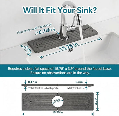 Stone Faucet Mat for Kitchen Sink-Diatomite Drying Stone Mat& Sink Protector,Quick Dry Water Absorbing Stone Tray ,Sink Splash Guard for Kitchen Counter & Bathroom Counter (Dark Grey, 15.7"x3.9")
