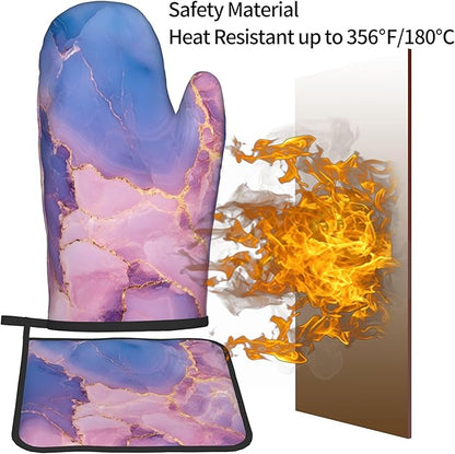 Oven Mitt and Pot Holders Sets - Marble Kitchen Mitts Decorative Purple Pink Oven Gloves Hot Pads Set of 2 for Cooking Baking Grilling