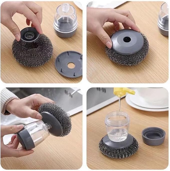 2026 New Comfort Grip Soap Dispensing Kitchen Scrub, Comfort Grip Soap Dispenser, Replaceable PET Cleaning Brush Without Soap, Non-Slip Handle for Cleaning Dishes (1 Set+3 Pcs Replacement Parts)