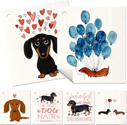 Miss Adola 6 Pack Swedish Dishcloths for Kitchen - Reusable Dish Cloths for Washing Dishes Absorbent Cute Funny Kitchen Towels Cleaning Sponge, Love Dachshund