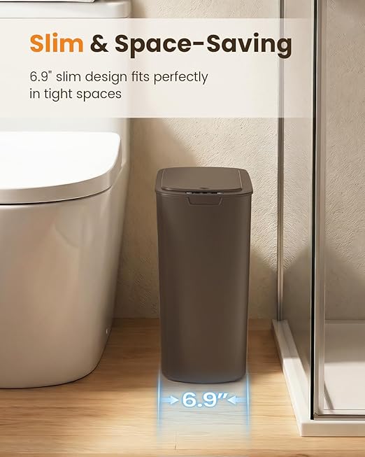 Cesun Bathroom Trash Can with Lid, 5 Gallon Motion Sensor Trash Can, Small Automatic Garbage Can, Touchless Smart Plastic Slim Wastebasket for Bedroom, Office, rv, Living Room, Brown