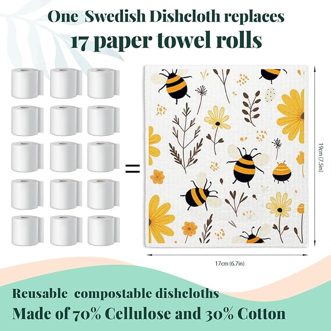 Bee Flower Yellow Swedish Dishcloths for Kitchen, Swedish Dish Cloths for Bee Happy, Papaya Reusable Paper Towels, 4 Pack Dish Towels for Kitchen, Reusable Paper Towels Washable