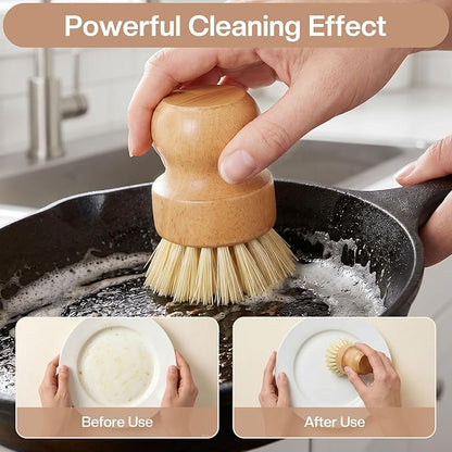 Wooden Dish Brush with Metal Stand Handheld Bamboo Wok Brush Scrubber for Dishes Pans Pots Fruit and Veggie Washing(1,Beige)
