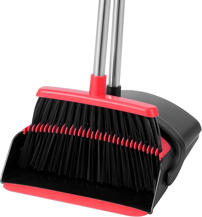 Broom with Dustpan Combo Set for Home 52-in Long Adjustable Handle Angle Broom and Dustpan Set with Dustpan Comb Teeth for Sweeping Pet Hair Food Dirt Kitchen (Black) (Red)
