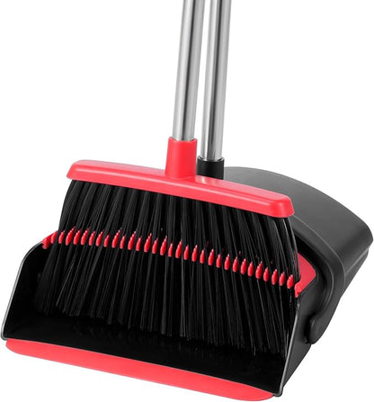 Broom with Dustpan Combo Set for Home 52-in Long Adjustable Handle Angle Broom and Dustpan Set with Dustpan Comb Teeth for Sweeping Pet Hair Food Dirt Kitchen (Black) (Red)