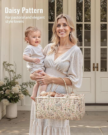 Blissful Diary Floral Diaper Caddy Organizer, Stylish Nursery Storage Basket, Diaper Bag,Gift for Baby Shower, Baby Registry Must Have, Newborn Essentials, Pastoral Daisy