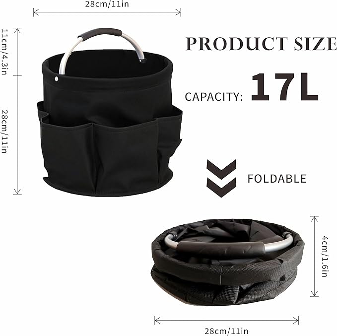 Cleaning Caddy with Handle,Cleaning Supplies 17L Foldable Storage Basket,Portable Multi Bucket Organiser Mop Bucket for Home Garden (Black)-11 x 11inches