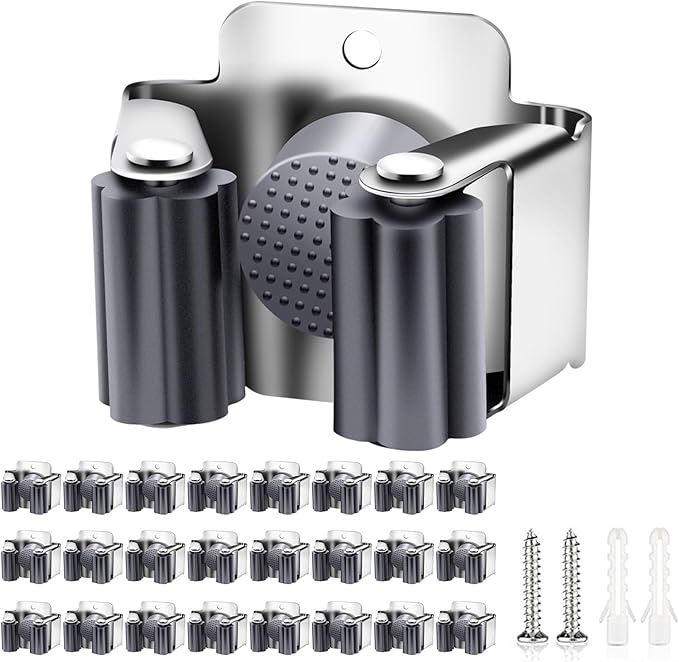 Verdenu 25 Pack Broom Holder Wall Mount, Mop and Broom Holder Wall Mount, Stainless Steel Command Mop Holder with Screws, Garden Tool Storage Organizer for Kitchen, Home, Bathroom, Garage, Grey