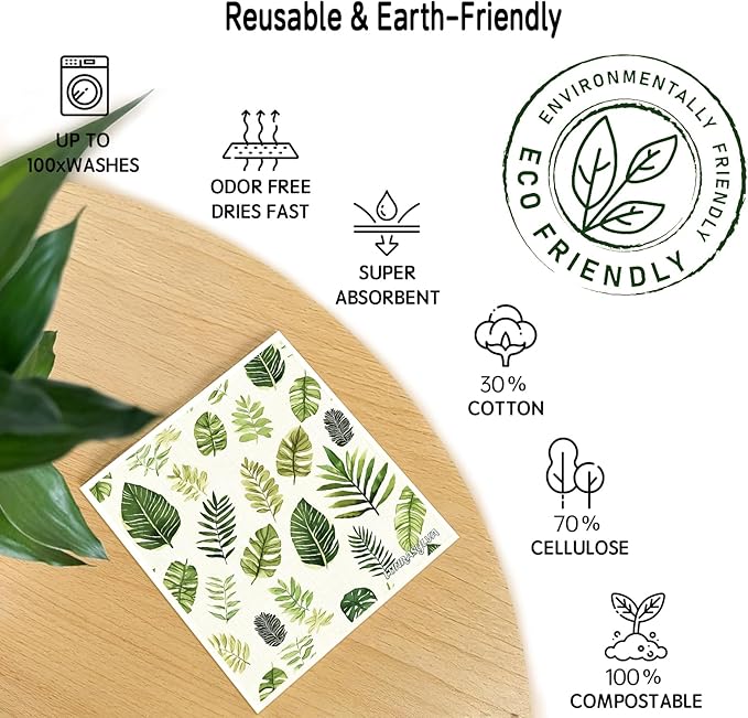 Swedish Dishcloths Reusable Paper Towels 6 Pack, Super Absorbent Washable Kitchen Towels, Biodegradable Quick Drying Dishwasher Safe, Watercolor Design Cleaning Cloths for Any Surface(Green Grass) ﻿