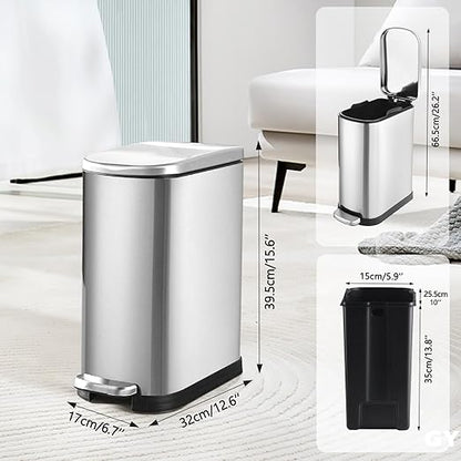 SYNCVIBE Bathroom Trash Can with Soft-Close Lid 3.5 Gallon Stainless Steel Garbage Can with Removable Inner Bucket Slim Trash Bins for Bedroom, Office (Silver)