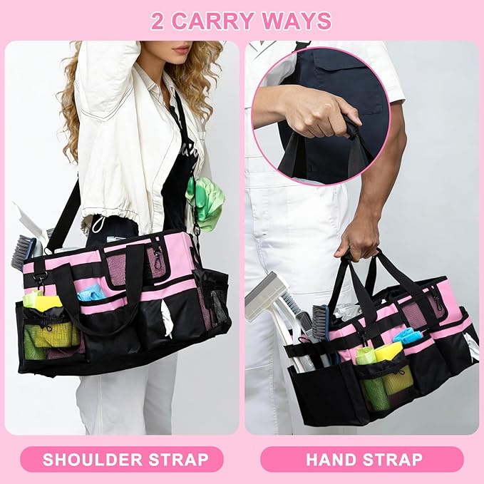 14 inch Large Cleaning Supplies Organizer, Pink Tool Bag with Handle & Adjustable Shoulder Straps, Cleaning Bags for Housekeepers, Cleaners, Cleaning Supply Caddy