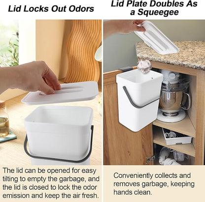 0.8 Gallon/3L Compost bin Kitchen, for use on countertops or Under Sinks, Hanging Trash can with lid, for Cupboard/Bathroom/Bedroom/Office/Camping, Mountable Indoor Compost Bucket(White)