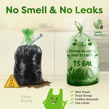 13 Gallon Compostable Trash Bags (30 Count) — Leakproof Plant-based Thick (1.1 Mil) Tall Kitchen Garbage Bags — ASTM D6400 BPI Certified — Heavy-Duty Large Food Scrap Liner Bag with Handle-Tie