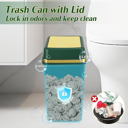 Bathroom Trash Can with Lid 4 Gallon Trash Can with Swing Lid Dark Green Small Garbage Can Bathroom Garbage Can with 150 Counts Trash Bags for Kitchen Bedroom Office