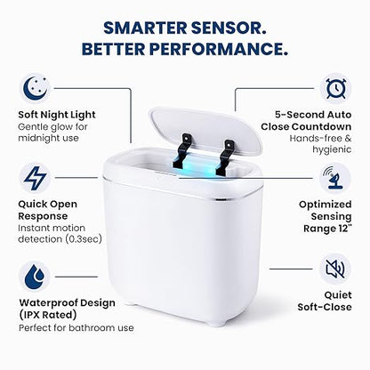 Motion Sensor Trash Can, Automatic Touchless Trash bin, 2.6 Gallon for Bathroom, Bedroom & Office - Waterproof, Quiet Close, White