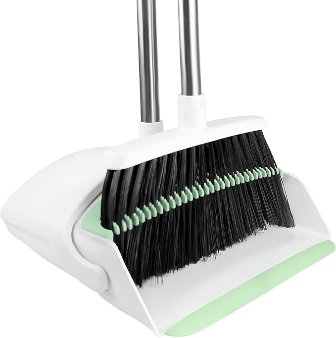 BSKLIN Broom and Dustpan Set, Broom with Dustpan Combo Set with Teeth to Clean Pet Hair 52-in Long Adjustable Handle Broom for Home Office Kitchen Lobb (Green)