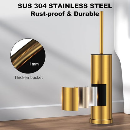 Brushed Gold Toilet Brush and Holder Set，Stainless Steel Heavy Duty Toilet Bowl Brush，Extra Long Handled Modern Toilet Cleaner Brush with Replaceable Head, Removable Inner Bowl, and Splash Protection