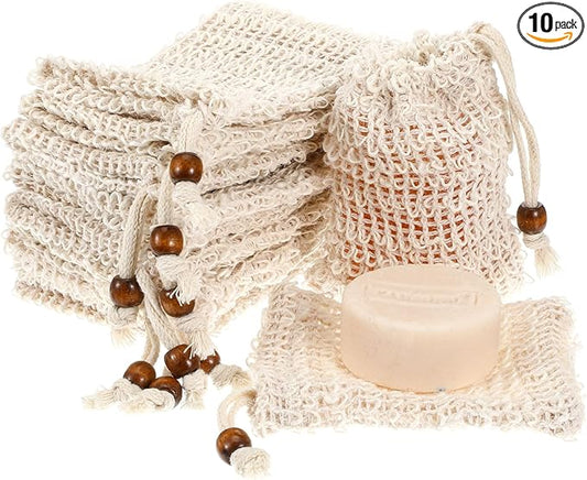 cobee 10 Pack Soap Bag, Natural Sisal Soap Saver Bag, Mesh Exfoliating Soap Bag Pouch, Foaming and Drying Soap Holder for Shower(Natural Sisal)