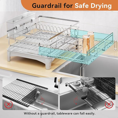 Laveshop Dish Drying Rack, 304 Stainless Steel Expandable Dish Drainer for Kitchen Counter, Space-Saving with Utensil Holder, Gray