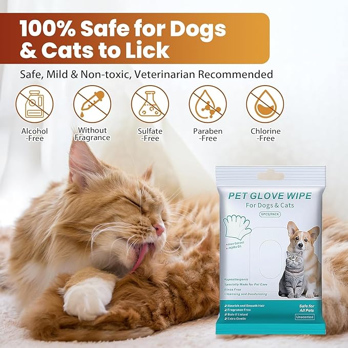 Thick Pet Glove Wipes for Dog & Cat Unscented, Cleaning & Deodorizing Grooming Gloves Wipes, No-Rinse Grooming Wipe for Daily Care and Travel, Ears Face Paws Butt Clean,Hypoallergenic&Gentle