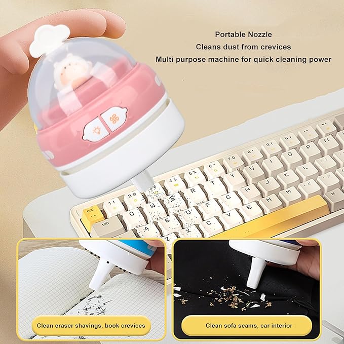 Desktop Vacuum Cleaner, Handheld Mini USB Cute Animal Cartoon Cleaner, Table Dust Sweeper Brush with Night Light, for Pencil Eraser Shavings Keyboards Office Accessory (Pink)