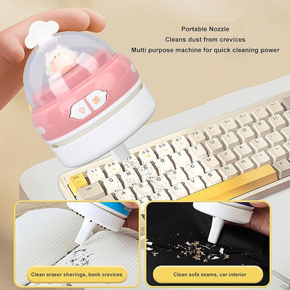 Desktop Vacuum Cleaner, Handheld Mini USB Cute Animal Cartoon Cleaner, Table Dust Sweeper Brush with Night Light, for Pencil Eraser Shavings Keyboards Office Accessory (Pink)