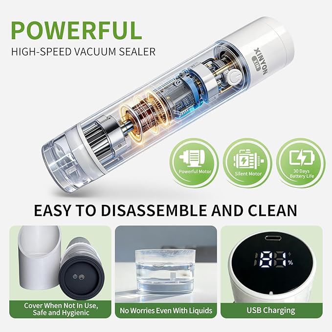 Xinyonxin Handheld Vacuum Sealer Machine with 30 Reusable Bags, Cordless Electric Food Preservation Pump for Meat and Sous Vide, USB Rechargeable Mini Sealing System for Kitchen