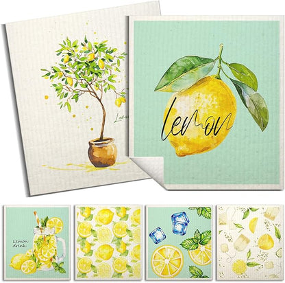 Swedish Dishcloths for Kitchen | 6 Pack Floral Reusable Paper Towels Washable | Swedish Dish Towels | Non-Scratch Cellulose Sponge Cloths | No Odor, Biodegradable Cleaning Cloths, Lemon