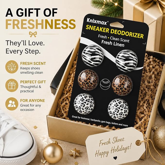Knixmax Sneaker Deodorizer Shoe Freshener Balls, Odor Eaters for Shoes Boots Mules, Smell Eliminator Ball for Gym Gear Bags and Lockers, Fresh Linen Scent, Pack of 6 Leopard