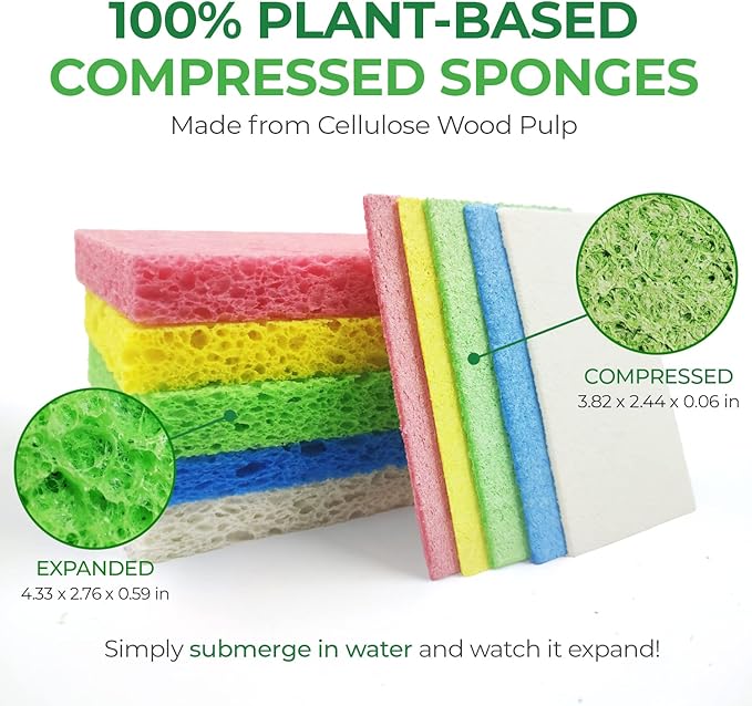 AIRNEX Compressed Cellulose Sponges - 16 Pack Natural Pop Up Dish Sponge for Kitchen - Compostable Plant-Based Cleaning Sponges Bulk – Non Scratch Natural Sponge for Dishes & Household Cleaning