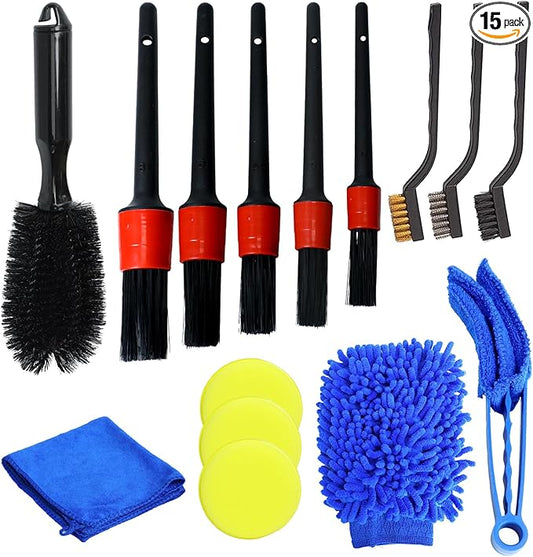 15 Pcs Car Cleaning Kit, Car Detailing Wash Brush Set, Auto Interior External Wash Cleaning Set for Car Motorcycle Bike Wheels, Engine, Emblems, Air Vents, Dashboard, Leather