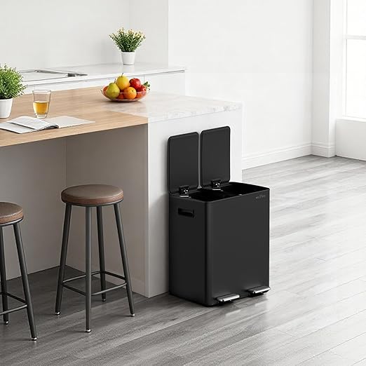 mVm Dual Trash Can, 10.6 Gal (2x5.3Gal) Kitchen Trash Can with Thick Lids, 2 Compartment Stainless Steel Recycle Bin for Home Kitchen Office (Black)